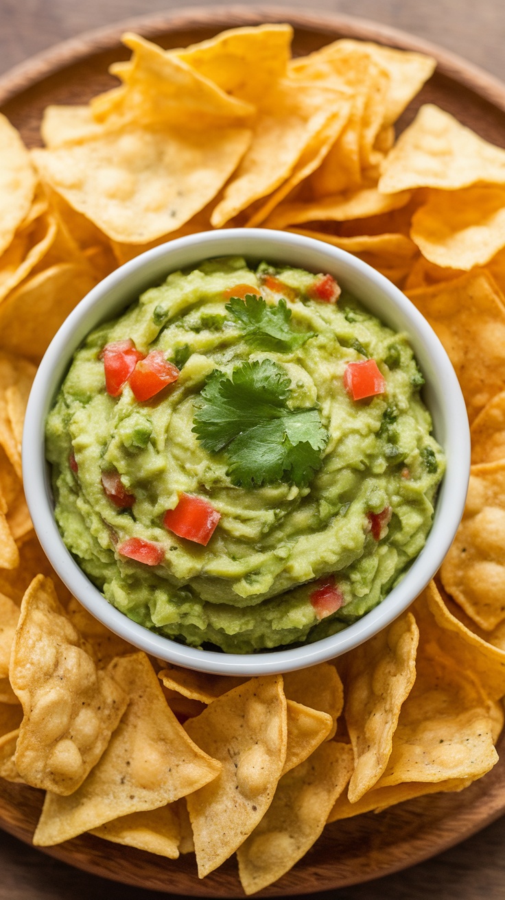 A bowl of zesty guacamole with tortilla chips arranged around it on a wooden platter.